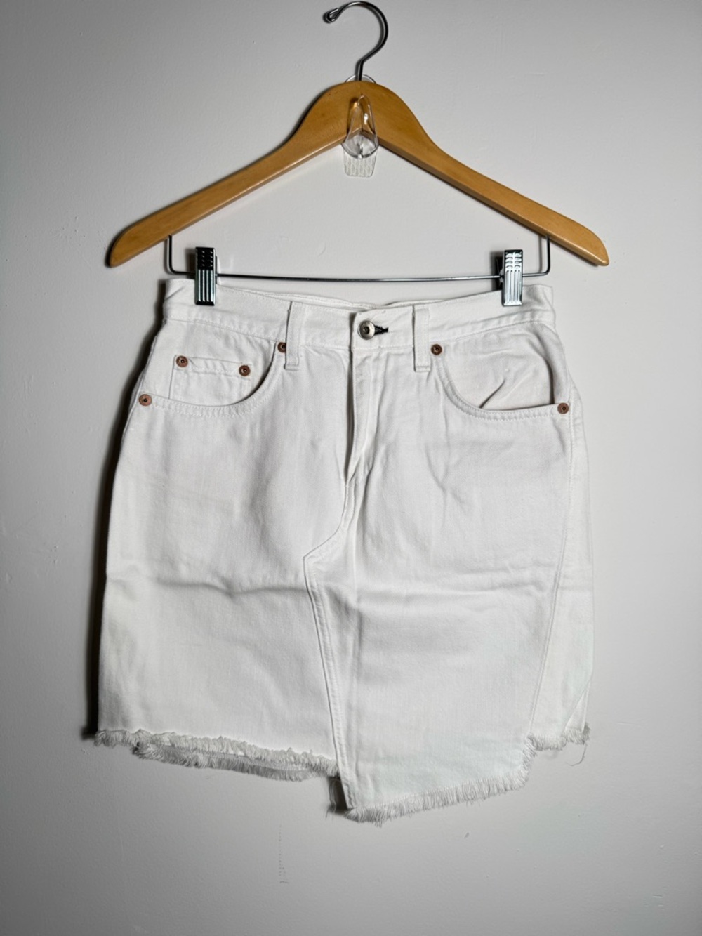 Rag & Bone Asymmetrical White Denim Skirt with Frayed Hem Size 25